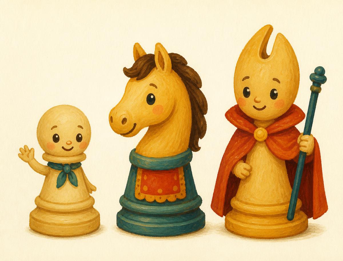 Illustrated pawn, knight and bishop characters from the book