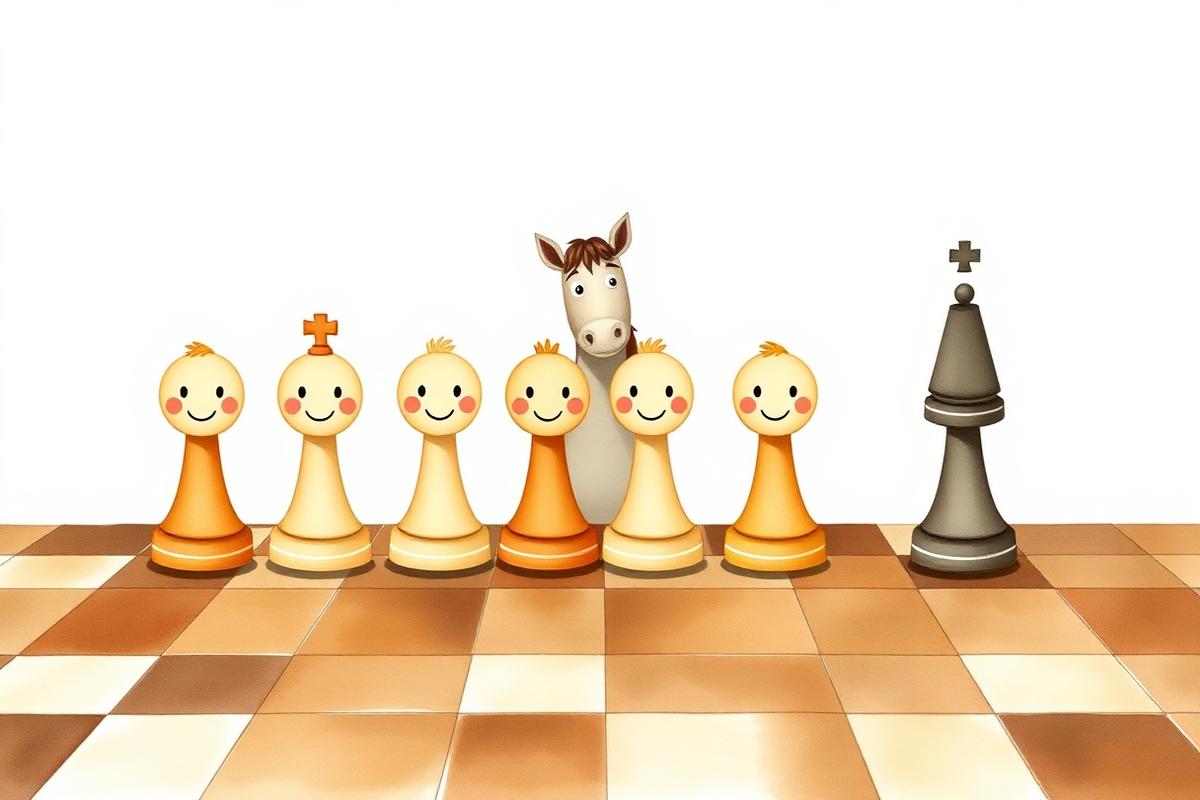A row of eight illustrated pawns across the board with a knight behind them